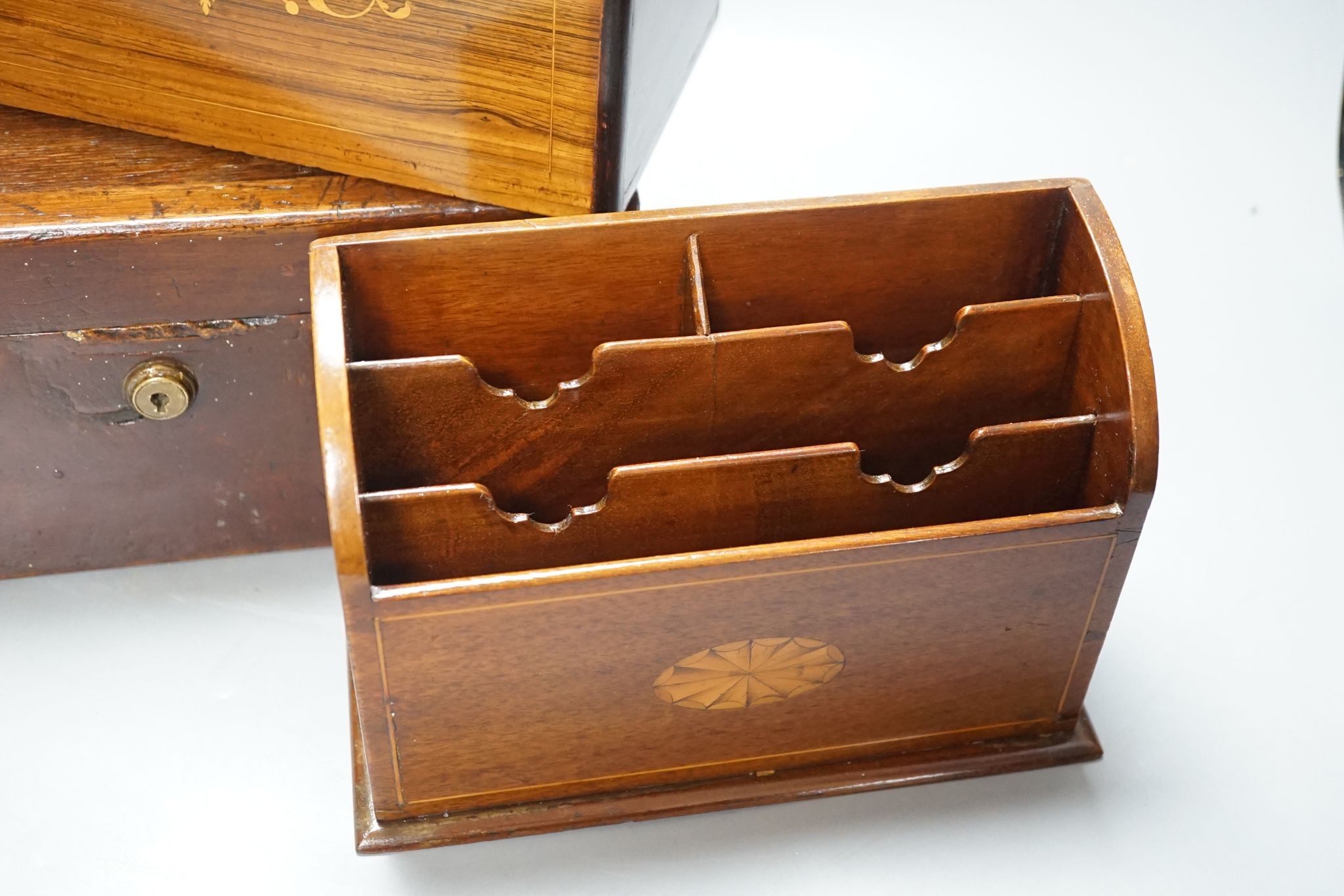 A 19th century French rosewood and marquetry letters box, an inlaid stationary rack and a brass-mounted box 28cm